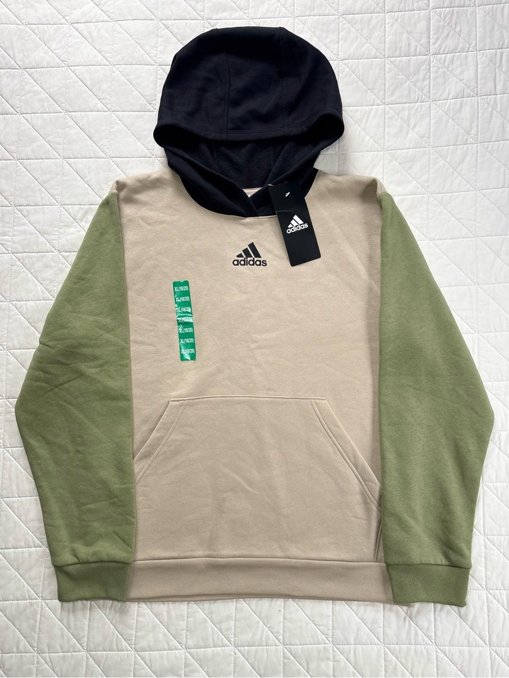 Adidas Youth Colorblock Hoodie - Tan Black & Olive Earth Tones - Size XL NWT